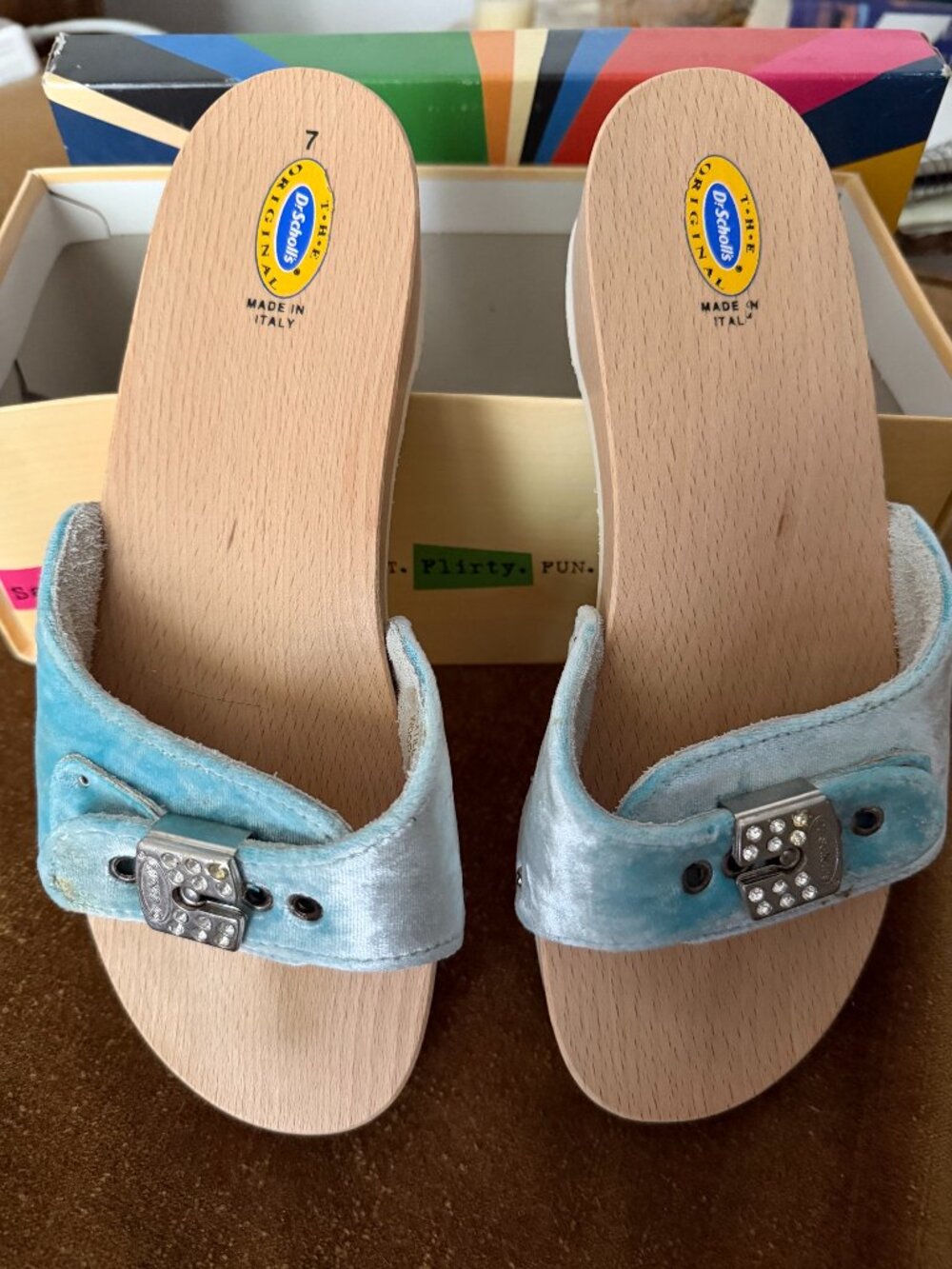 RARE New VINTAGE DR. SCHOLLS'S Sandal Princess Blue Velvet SIZE 7 Made in Italy